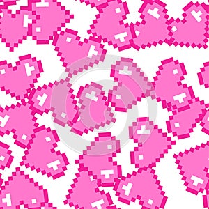 Seamless vector pixel pink hearts pattern. Love pixel art 10 eps. Valentine's day background